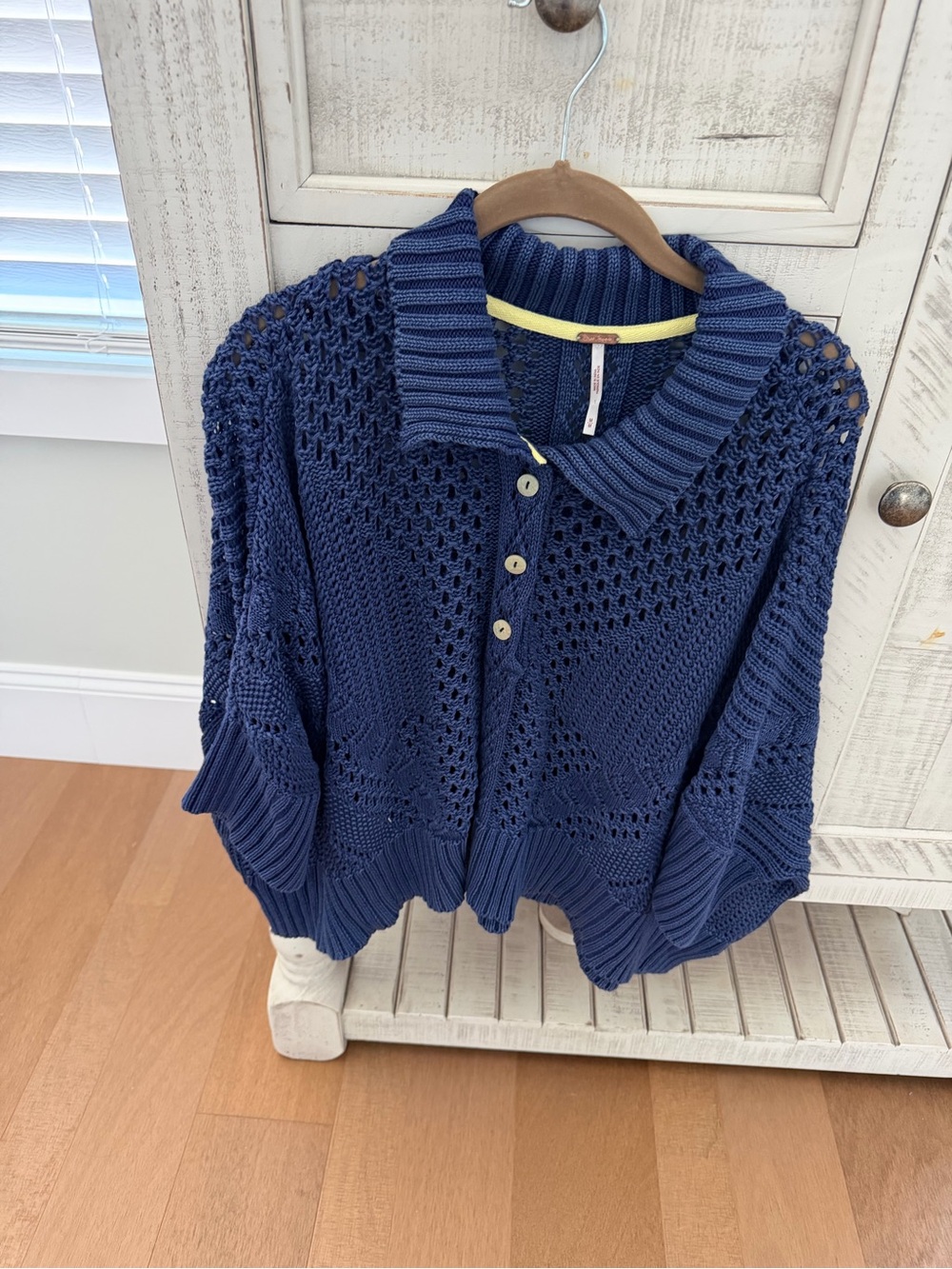 Free People BlueOpen-Knit Button Sweater with Collar